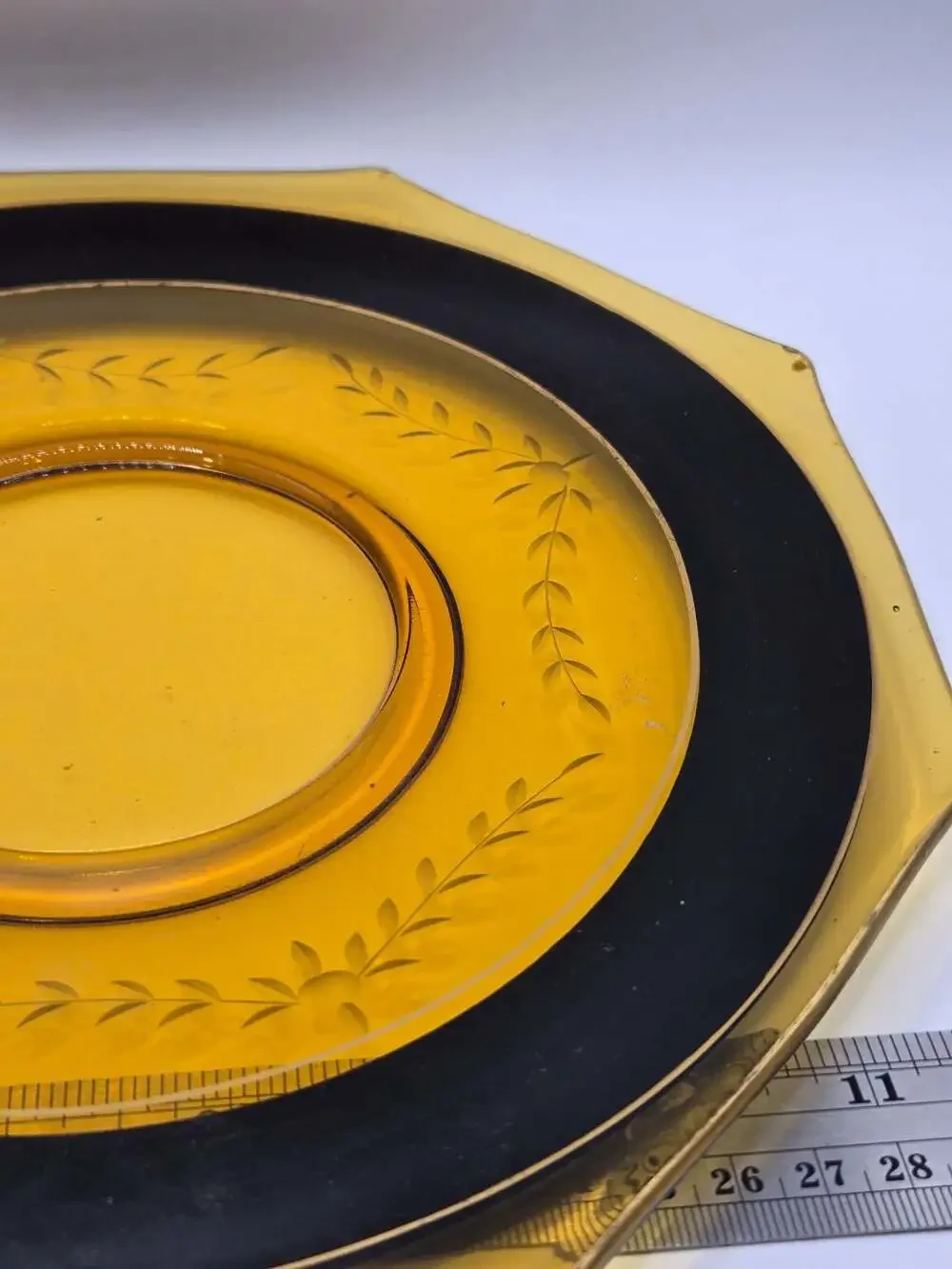Vintage Amber Glass Plate with Black Rim and Etched Wheat Pattern